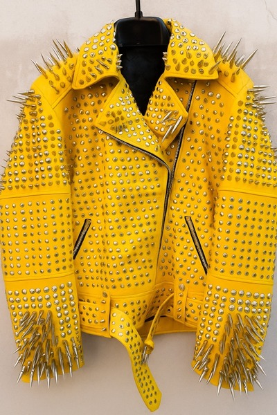 Crafted Leather Women Classy Yellow Gothic Emo Style Leather Studded Jacket with Silver Studs and Spikes