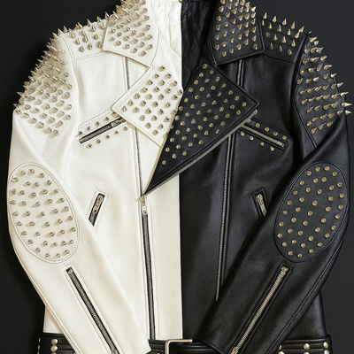 Crafted leather handmade black white leather classic punk fashion studded jacket 