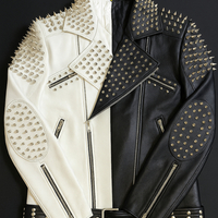 Crafted Leather Handmade Black White Leather Classic Punk Fashion Studded Jacket  - Thumbnail 1