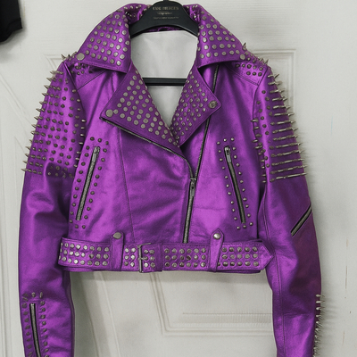 Crafted leather women purple brando punk silver spiked studded cowhide leather jacket  - Thumbnail 2