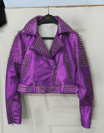 Crafted Leather Women Purple Brando Punk Silver Spiked Studded Cowhide Leather Jacket 