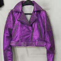 Crafted Leather Women Purple Brando Punk Silver Spiked Studded Cowhide Leather Jacket  - Thumbnail 1