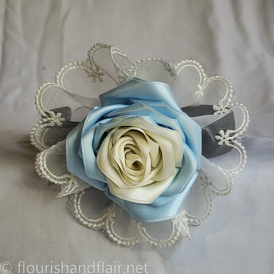 Deluxe rose headband blue and white lace