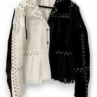 Crafted Leather New Men's Motorcycle Genuine Black White Suede Leather Studded Bomber Slim fit Biker jacket  - Thumbnail 1
