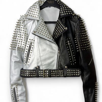Crafted leather women black silver brando punk silver spiked studded cowhide leather jacket 