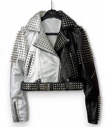Crafted Leather Women Black Silver Brando Punk Silver Spiked Studded Cowhide Leather Jacket 