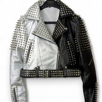 Crafted Leather Women Black Silver Brando Punk Silver Spiked Studded Cowhide Leather Jacket  - Thumbnail 1