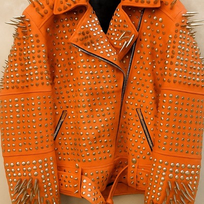 Crafted leather women classy orange gothic emo style leather studded jacket with silver studs and spikes