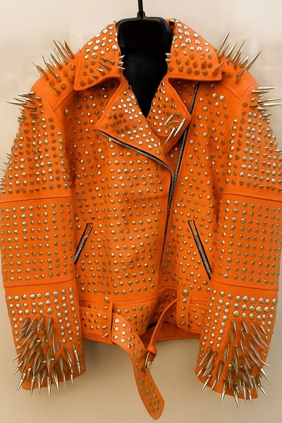 Crafted Leather Women Classy Orange Gothic Emo Style Leather Studded Jacket with Silver Studs and Spikes