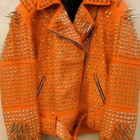 Crafted Leather Women Classy Orange Gothic Emo Style Leather Studded Jacket with Silver Studs and Spikes - Thumbnail 1