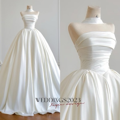 Ivory strapless ball gown/princess off-the-shoulder satin court train wedding dress with ruched