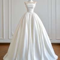 Ivory Strapless Ball Gown/Princess Off-the-shoulder Satin Court Train Wedding Dress with Ruched - Thumbnail 2