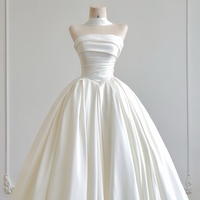 Ivory Strapless Ball Gown/Princess Off-the-shoulder Satin Court Train Wedding Dress with Ruched - Thumbnail 4