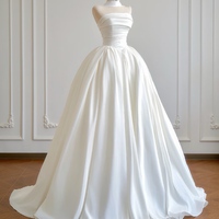 Ivory Strapless Ball Gown/Princess Off-the-shoulder Satin Court Train Wedding Dress with Ruched - Thumbnail 1