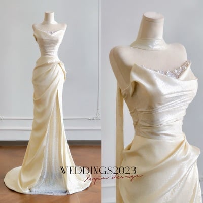 Simple mermaid champagne long prom dress, champagne evening dress with lace