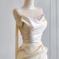 Simple Mermaid Champagne Long Prom Dress, Champagne Evening Dress with Lace - Thumbnail 4