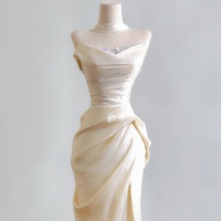 Simple Mermaid Champagne Long Prom Dress, Champagne Evening Dress with Lace - Thumbnail 1