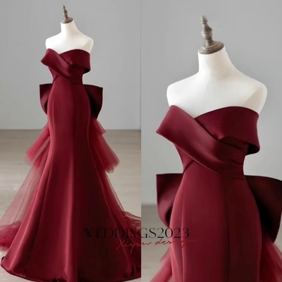 Burgundy mermaid long prom dress, off the shoulder v-neck formal evening dress