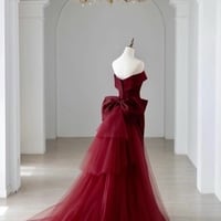 Burgundy Mermaid Long Prom Dress, Off the Shoulder V-Neck Formal Evening Dress - Thumbnail 2