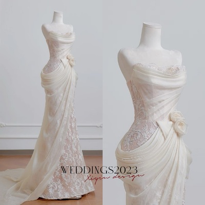 Modest strapless mermaid long wedding dress applique tulle elegant light champagne bridal dress