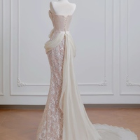 Modest Strapless Mermaid Long Wedding Dress Applique Tulle Elegant Light Champagne Bridal Dress - Thumbnail 2