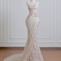 Modest Strapless Mermaid Long Wedding Dress Applique Tulle Elegant Light Champagne Bridal Dress - Thumbnail 3