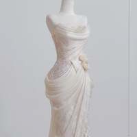 Modest Strapless Mermaid Long Wedding Dress Applique Tulle Elegant Light Champagne Bridal Dress - Thumbnail 1