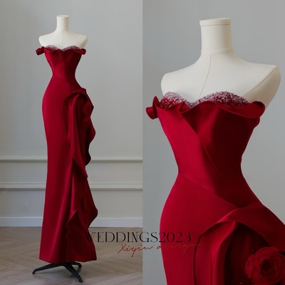 Lovely sweetheart neck mermaid satin red beading floor length prom dress 