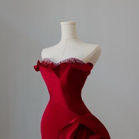 Lovely Sweetheart Neck Mermaid Satin Red Beading Floor Length Prom Dress  - Thumbnail 5