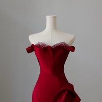 Lovely Sweetheart Neck Mermaid Satin Red Beading Floor Length Prom Dress  - Thumbnail 2