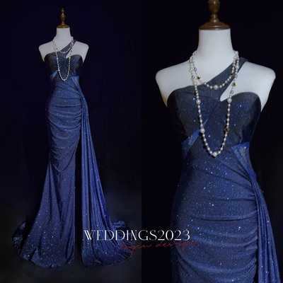 Gorgeous navy blue one shoulder mermaid glitter satin long prom dresses formal evening gowns with open back