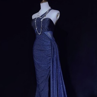 Gorgeous Navy Blue One Shoulder Mermaid Glitter Satin Long Prom Dresses Formal Evening Gowns with Open Back - Thumbnail 4