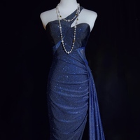 Gorgeous Navy Blue One Shoulder Mermaid Glitter Satin Long Prom Dresses Formal Evening Gowns with Open Back - Thumbnail 6