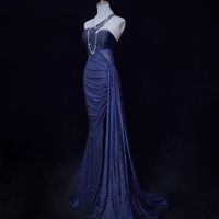 Gorgeous Navy Blue One Shoulder Mermaid Glitter Satin Long Prom Dresses Formal Evening Gowns with Open Back - Thumbnail 3