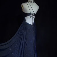 Gorgeous Navy Blue One Shoulder Mermaid Glitter Satin Long Prom Dresses Formal Evening Gowns with Open Back - Thumbnail 2