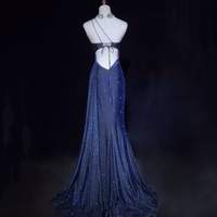 Gorgeous Navy Blue One Shoulder Mermaid Glitter Satin Long Prom Dresses Formal Evening Gowns with Open Back - Thumbnail 1