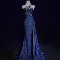 Gorgeous Navy Blue One Shoulder Mermaid Glitter Satin Long Prom Dresses Formal Evening Gowns with Open Back - Thumbnail 7