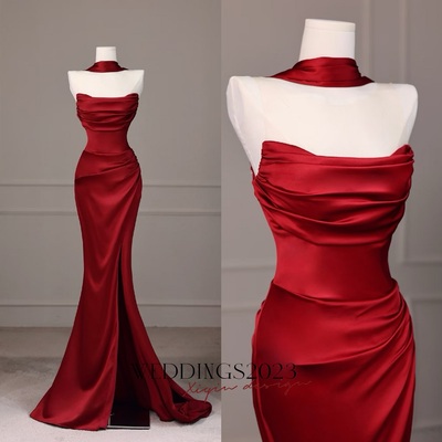 Burgundy mermaid evening dresses, long sleeveless prom party gowns with slit
