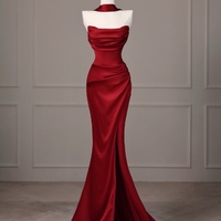 Burgundy Mermaid Evening Dresses, Long Sleeveless Prom Party Gowns with Slit - Thumbnail 1
