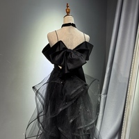 Black Sleeveless Sequined Tulle Long Prom Dress with Ruffles, Mermaid Party Gown  - Thumbnail 3