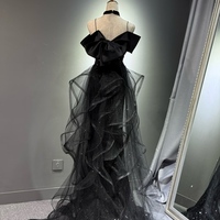 Black Sleeveless Sequined Tulle Long Prom Dress with Ruffles, Mermaid Party Gown  - Thumbnail 4