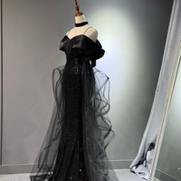 Black Sleeveless Sequined Tulle Long Prom Dress with Ruffles, Mermaid Party Gown  - Thumbnail 5