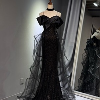 Black Sleeveless Sequined Tulle Long Prom Dress with Ruffles, Mermaid Party Gown  - Thumbnail 6