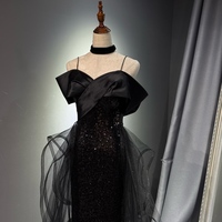 Black Sleeveless Sequined Tulle Long Prom Dress with Ruffles, Mermaid Party Gown  - Thumbnail 1