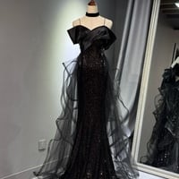 Black Sleeveless Sequined Tulle Long Prom Dress with Ruffles, Mermaid Party Gown  - Thumbnail 8