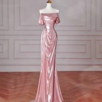 Pink Fashion Long Satin Mermaid Slim Fit Evening Dress Birthday Party Dress - Thumbnail 3