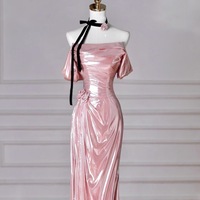 Pink Fashion Long Satin Mermaid Slim Fit Evening Dress Birthday Party Dress - Thumbnail 1
