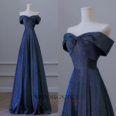  navy blue strapless sweetheart neck  off the shoulder glitter a line long prom party dress