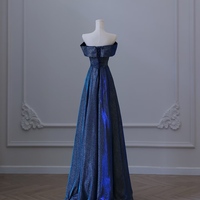  Navy Blue Strapless Sweetheart Neck  Off the Shoulder Glitter A Line Long Prom Party Dress - Thumbnail 4