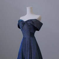  Navy Blue Strapless Sweetheart Neck  Off the Shoulder Glitter A Line Long Prom Party Dress - Thumbnail 5